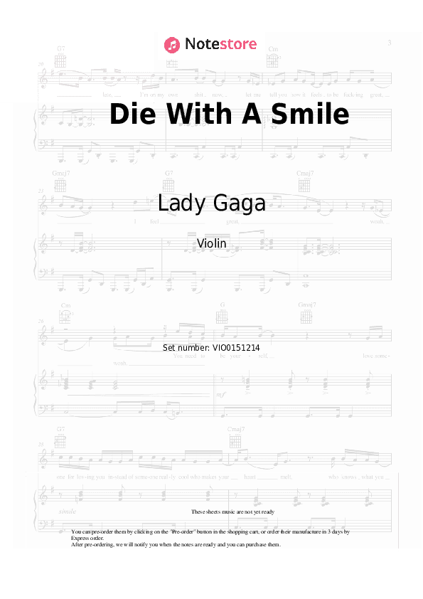 Die With A Smile - Lady Gaga, Bruno Mars Violin Sheet Music - Violin