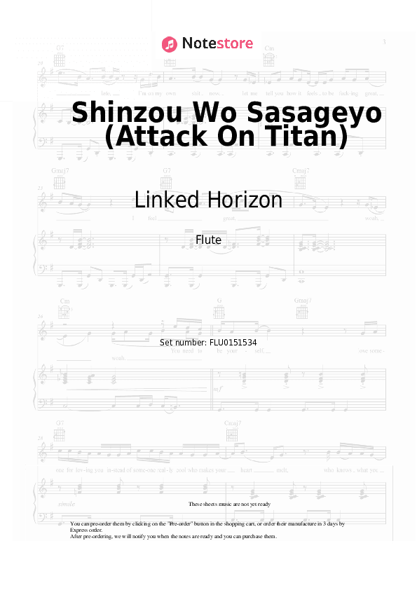 Shinzou Wo Sasageyo (Attack On Titan) - Linked Horizon Flute Sheet Music - Flute