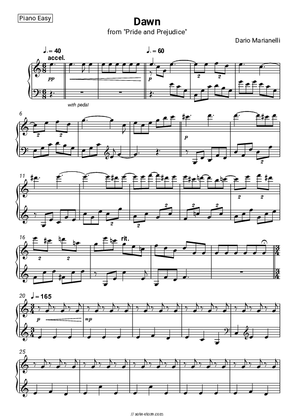 Dawn (from Pride and Prejudice) - Dario Marianelli Piano Sheet Music Easy - Piano.Easy