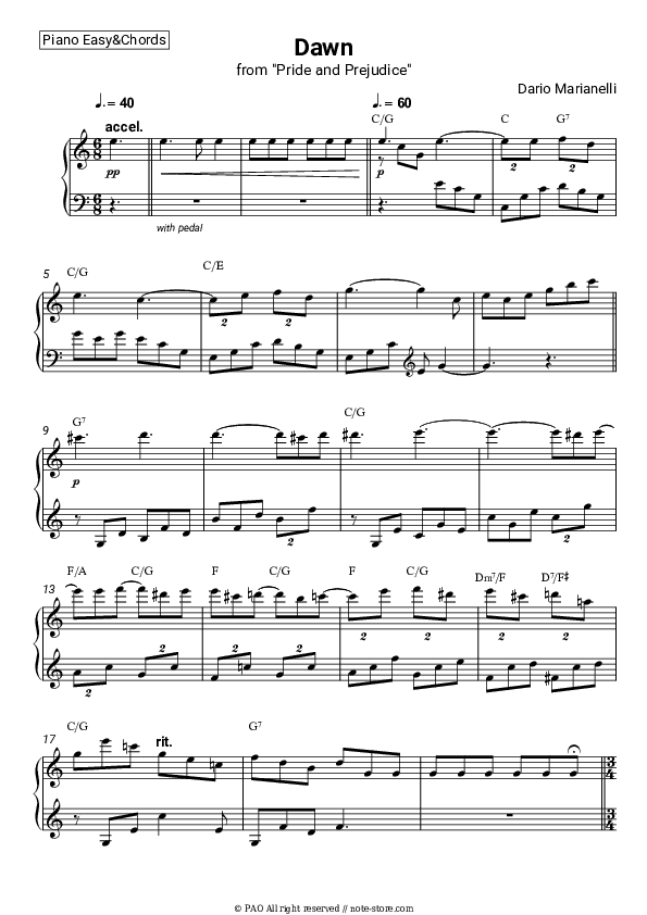 Dawn (from Pride and Prejudice) - Dario Marianelli Sheet Music Easy and Chords - Piano.Easy&Chords