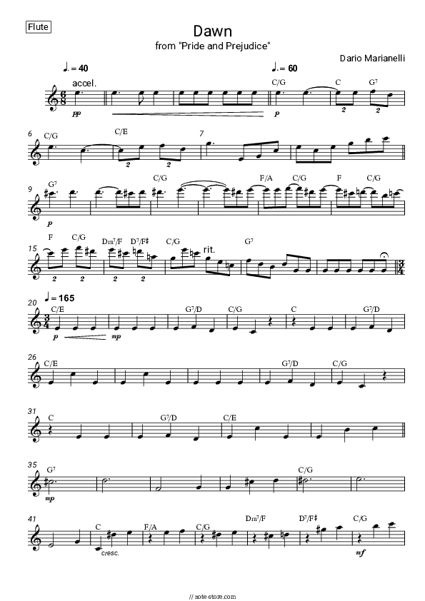 Dawn (from Pride and Prejudice) - Dario Marianelli Flute Sheet Music - Flute