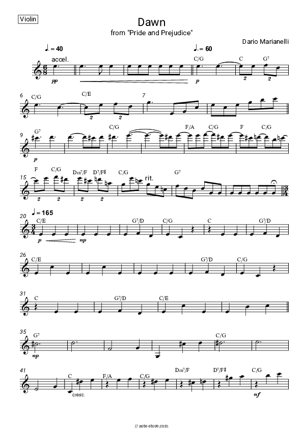 Dawn (from Pride and Prejudice) - Dario Marianelli Violin Sheet Music - Violin