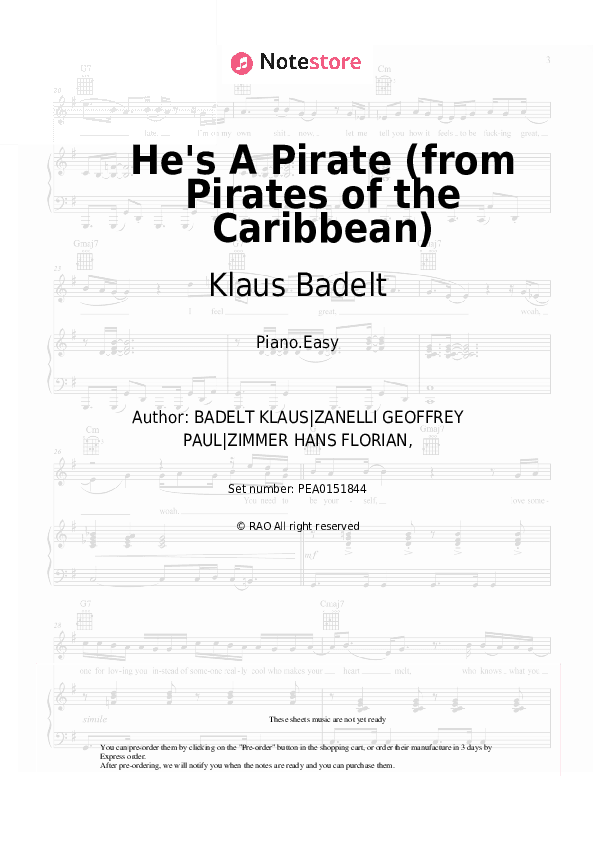 He's A Pirate (from Pirates of the Caribbean) - Klaus Badelt Piano Sheet Music Easy - Piano.Easy