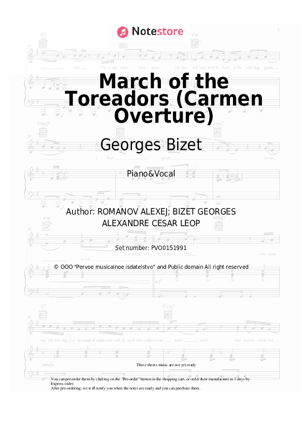 March of the Toreadors (Carmen Overture) - Georges Bizet Piano Sheet Music with the Voice part - Piano&Vocal