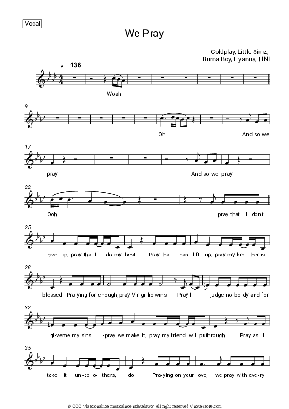 We Pray - Coldplay, Little Simz, Burna Boy, Elyanna, TINI Vocal Sheet Music - Vocal