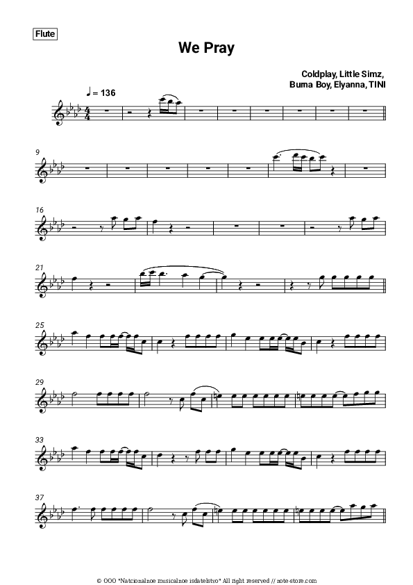 We Pray - Coldplay, Little Simz, Burna Boy, Elyanna, TINI Flute Sheet Music - Flute