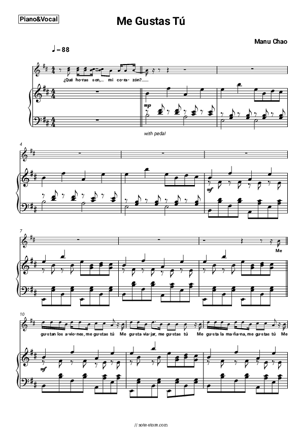 Me Gustas Tú - Manu Chao Piano Sheet Music with the Voice part - Piano&Vocal