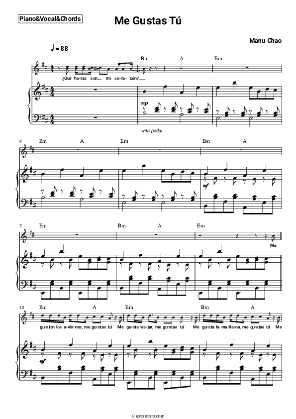 Me Gustas Tú - Manu Chao Piano Sheet Music with the Vocal and Chords - Piano&Vocal&Chords