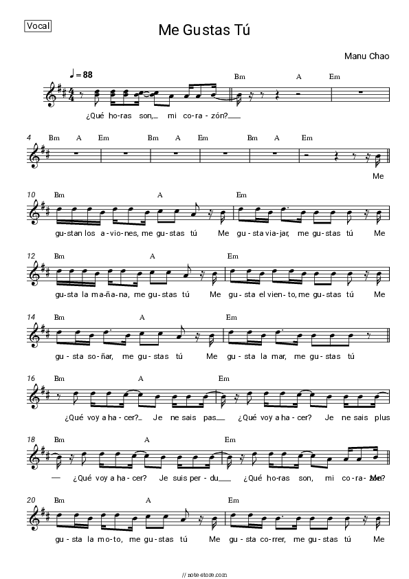 Me Gustas Tú - Manu Chao Vocal Sheet Music - Vocal