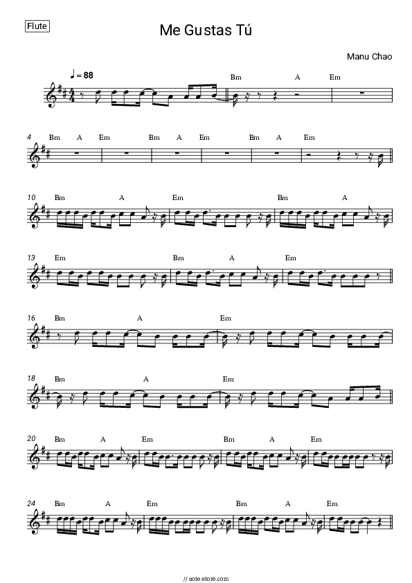 Me Gustas Tú - Manu Chao Flute Sheet Music - Flute