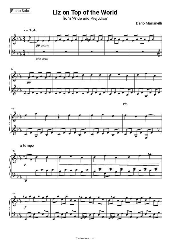 Liz on Top of the World (from 'Pride and Prejudice') - Dario Marianelli Piano Sheet Music - Piano.Solo