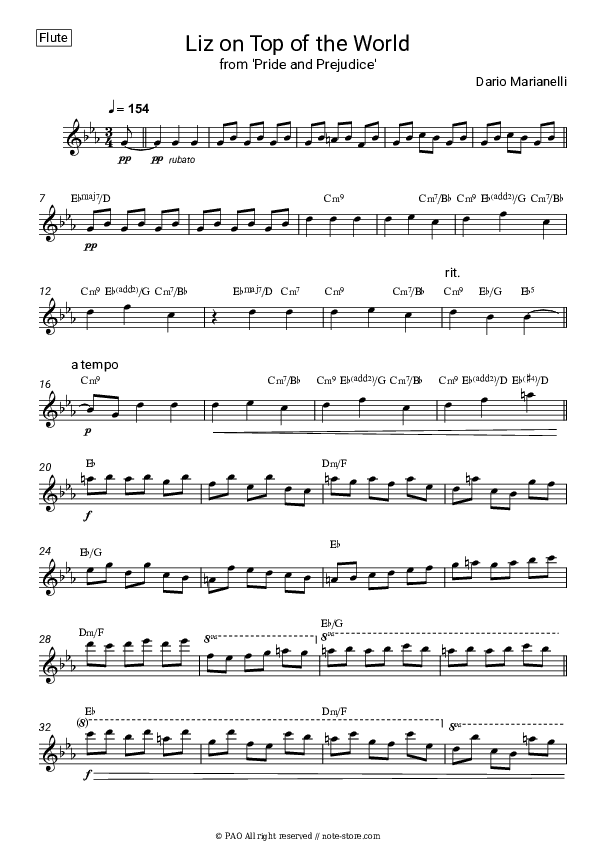 Liz on Top of the World (from 'Pride and Prejudice') - Dario Marianelli Flute Sheet Music - Flute