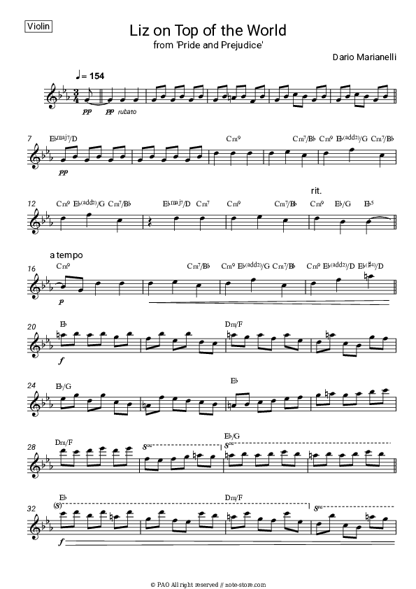 Liz on Top of the World (from 'Pride and Prejudice') - Dario Marianelli Violin Sheet Music - Violin