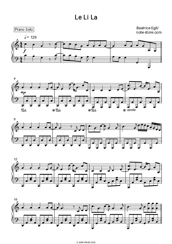 Le Li La - Beatrice Egli Piano Sheet Music - Piano.Solo