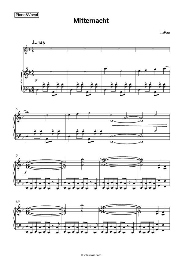 Mitternacht - LaFee Piano Sheet Music with the Voice part - Piano&Vocal