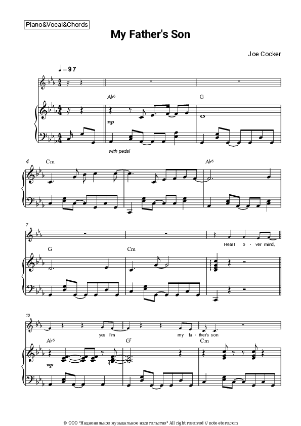 My Father's Son - Joe Cocker Piano Sheet Music with the Vocal and Chords - Piano&Vocal&Chords