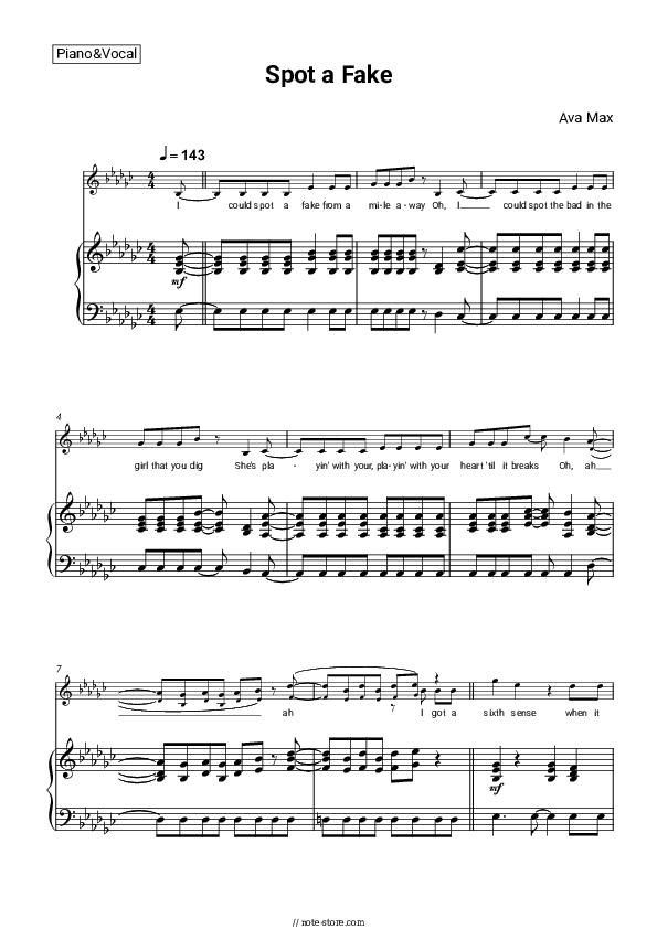 Spot a Fake - Ava Max Piano Sheet Music with the Voice part - Piano&Vocal