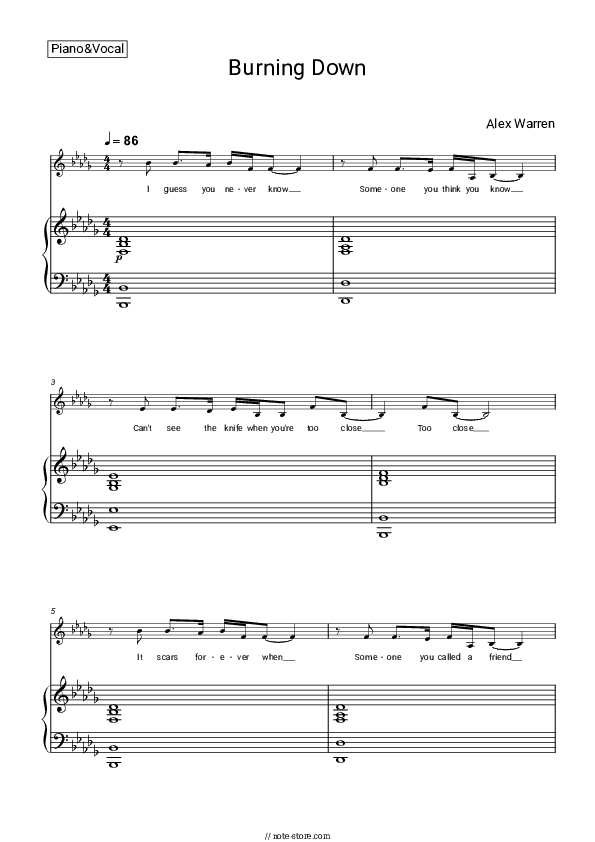 Burning Down - Alex Warren Piano Sheet Music with the Voice part - Piano&Vocal