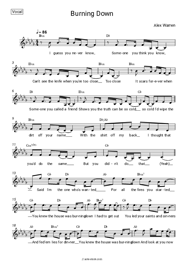 Burning Down - Alex Warren Vocal Sheet Music - Vocal