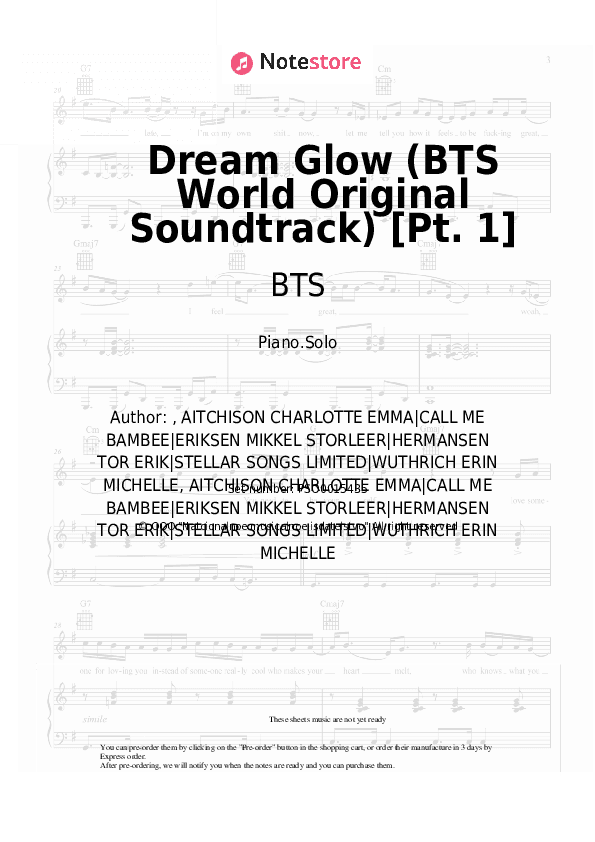 Dream Glow (BTS World Original Soundtrack) [Pt. 1] - BTS, Charli XCX Piano Sheet Music - Piano.Solo
