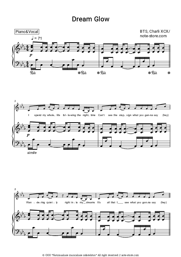 Dream Glow (BTS World Original Soundtrack) [Pt. 1] - BTS, Charli XCX Piano Sheet Music with the Voice part - Piano&Vocal