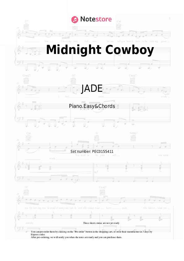 Midnight Cowboy - JADE Sheet Music Easy and Chords - Piano.Easy&Chords