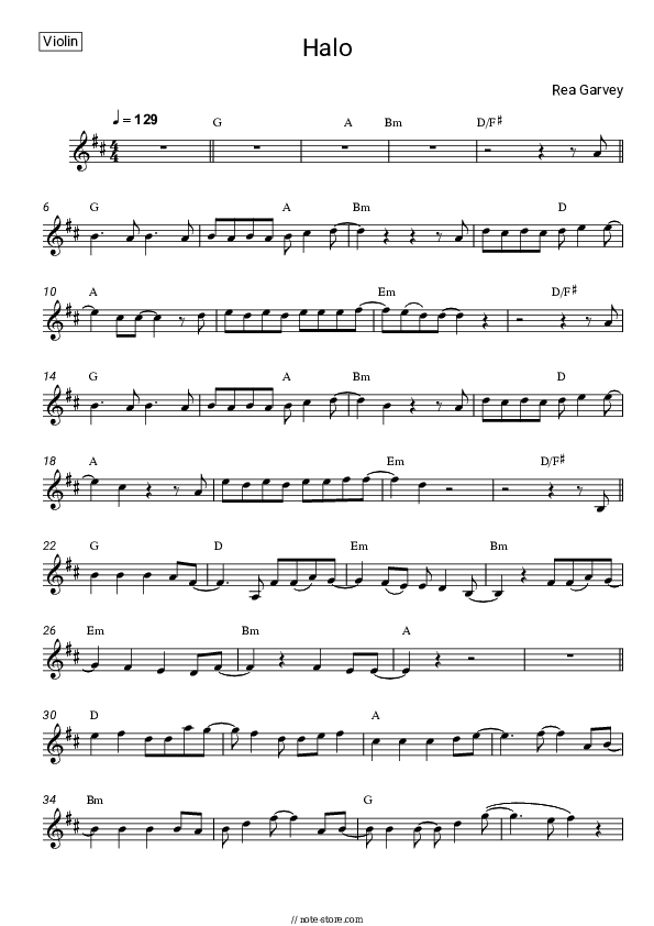 Halo - Rea Garvey Violin Sheet Music - Violin