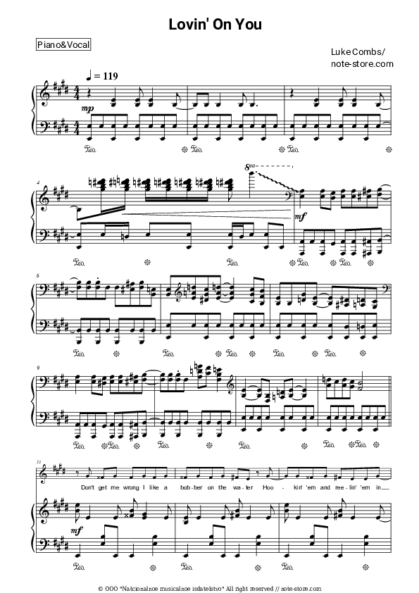 Lovin' On You - Luke Combs Piano Sheet Music with the Voice part - Piano&Vocal