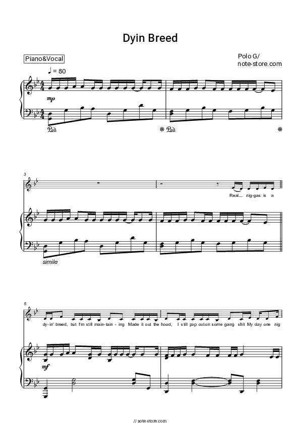 Dyin Breed - Polo G Piano Sheet Music with the Voice part - Piano&Vocal