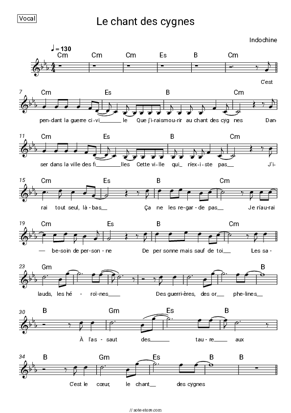 Le chant des cygnes - Indochine Vocal Sheet Music - Vocal