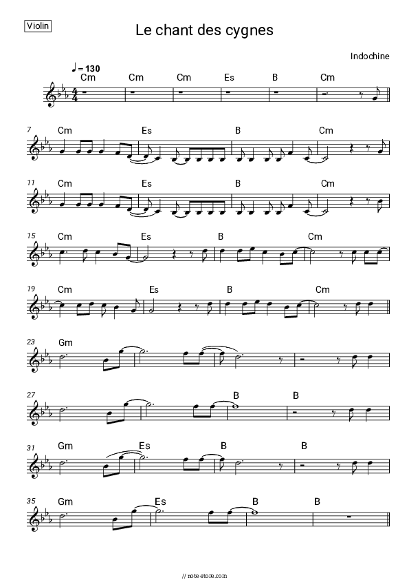 Le chant des cygnes - Indochine Violin Sheet Music - Violin
