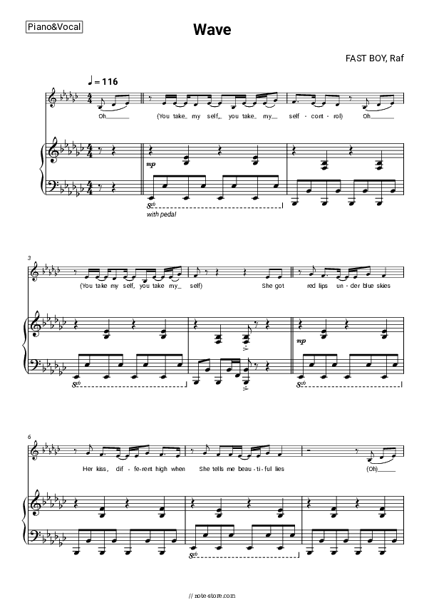 Wave - FAST BOY, Raf Piano Sheet Music with the Voice part - Piano&Vocal