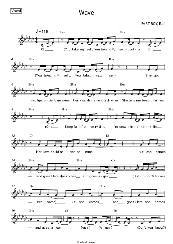 Wave - FAST BOY, Raf Vocal Sheet Music - Vocal