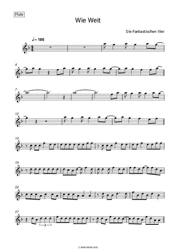 Wie Weit - Die Fantastischen Vier Flute Sheet Music - Flute