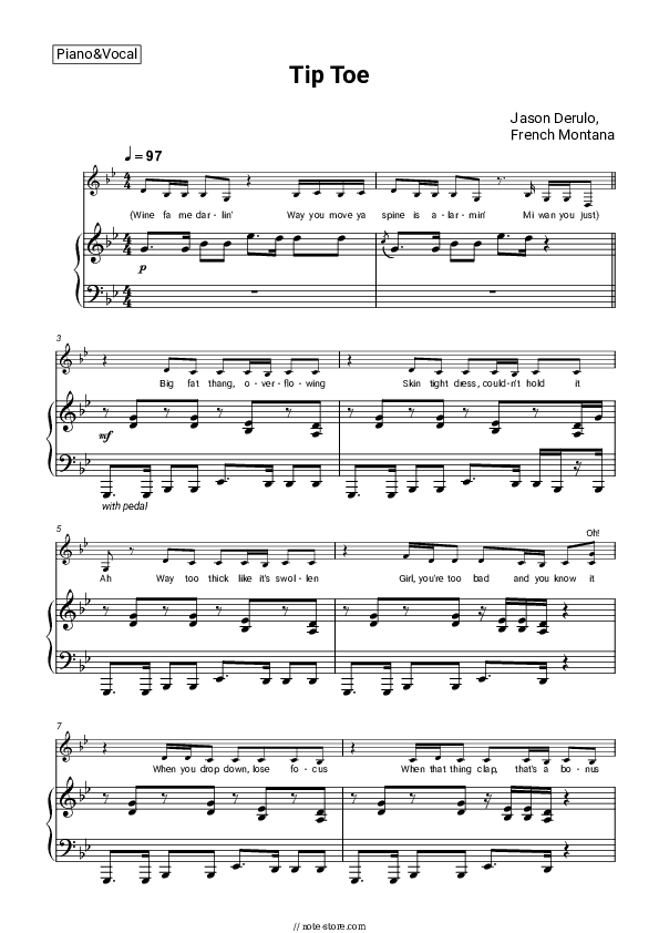 Tip Toe - Jason Derulo, French Montana Piano Sheet Music with the Voice part - Piano&Vocal