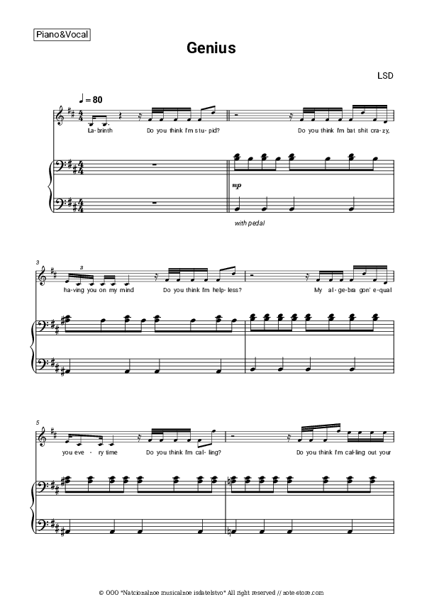 Genius - LSD Piano Sheet Music with the Voice part - Piano&Vocal