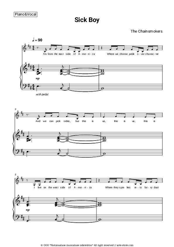 Sick Boy - The Chainsmokers Piano Sheet Music with the Voice part - Piano&Vocal