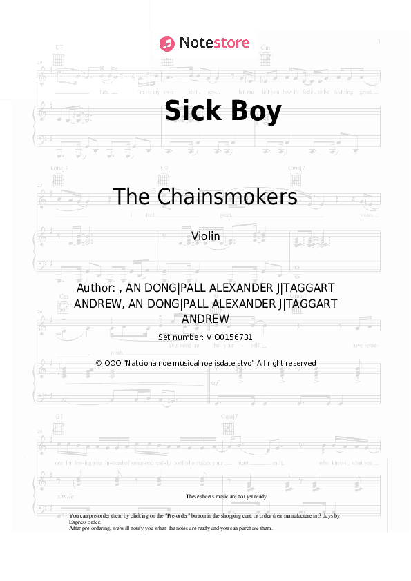 Sick Boy - The Chainsmokers Violin Sheet Music - Violin