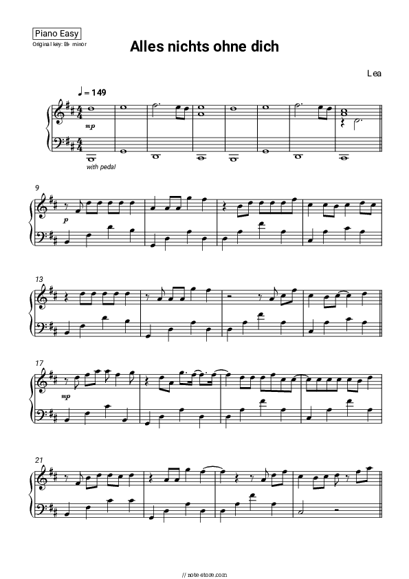 Alles nichts ohne dich - LEA Piano Sheet Music Easy - Piano.Easy