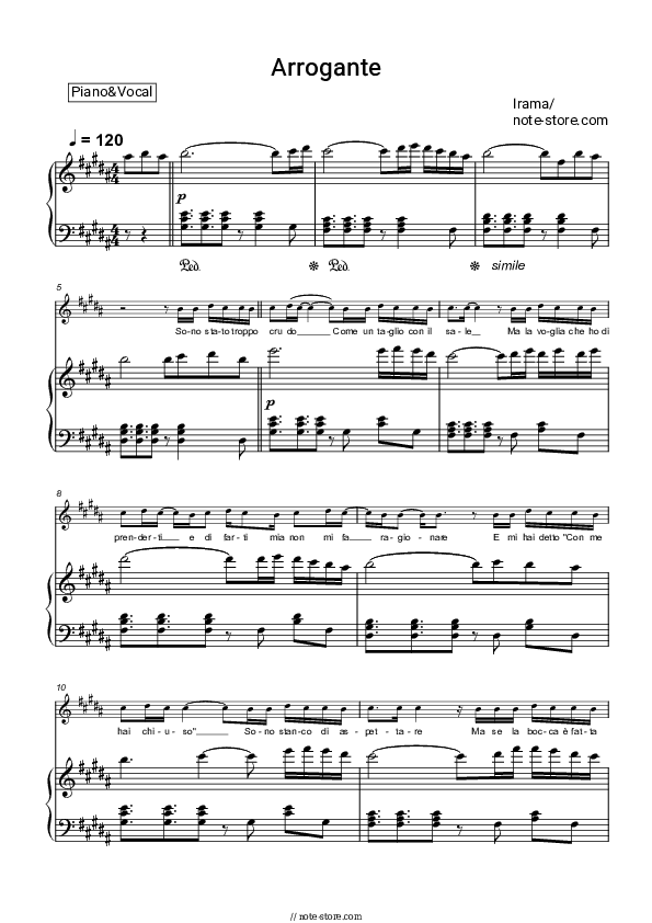 Arrogante - Irama Piano Sheet Music with the Voice part - Piano&Vocal