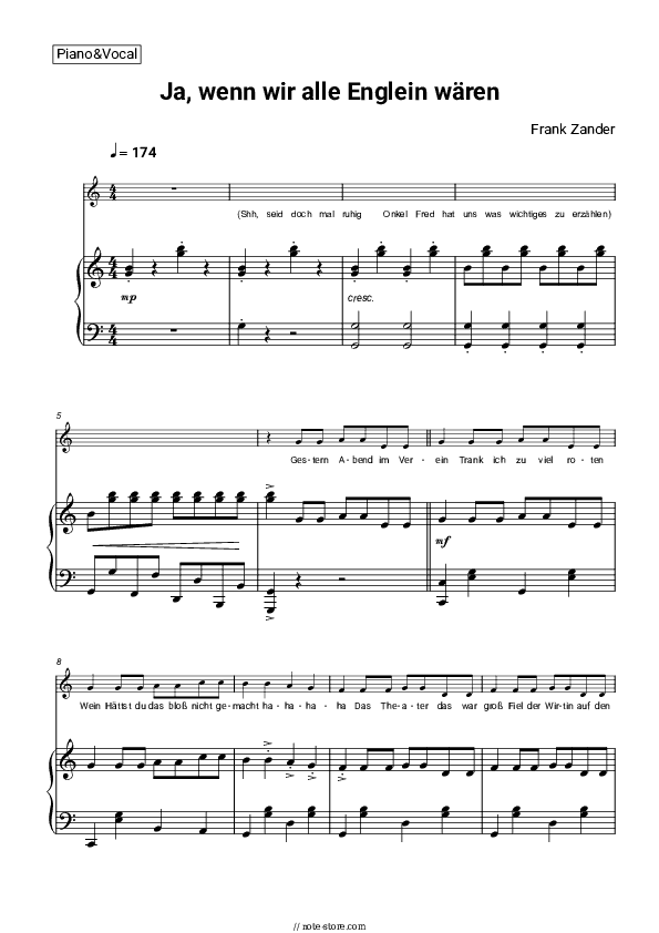 Ja, wenn wir alle Englein wären - Frank Zander Piano Sheet Music with the Voice part - Piano&Vocal