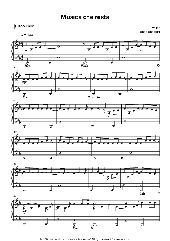 Musica che resta - Il Volo Piano Sheet Music Easy - Piano.Easy