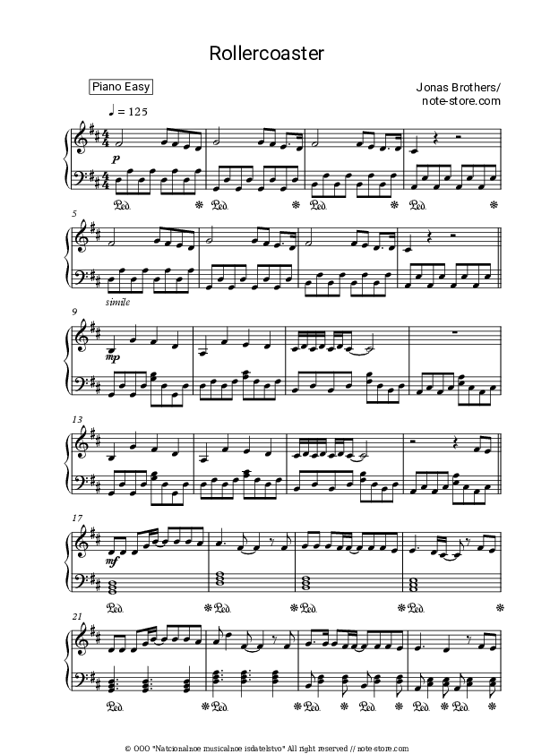 Rollercoaster - Jonas Brothers Piano Sheet Music Easy - Piano.Easy