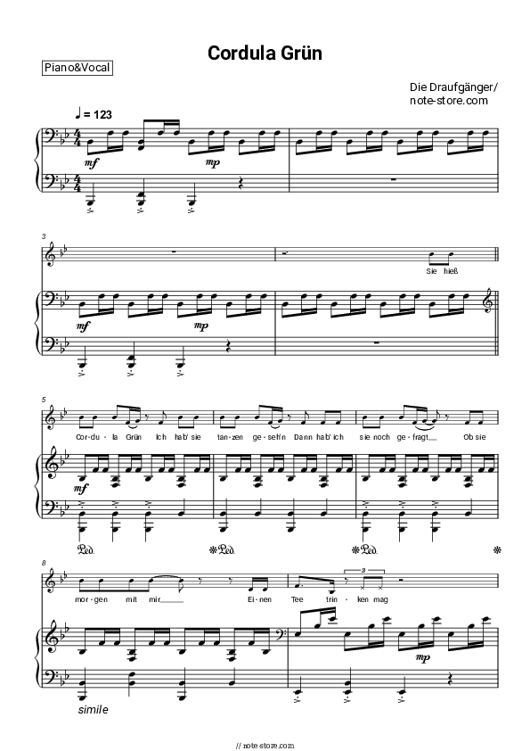 Cordula Grün - Die Draufgänger Piano Sheet Music with the Voice part - Piano&Vocal