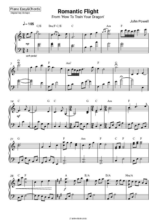 Romantic Flight (From 'How To Train Your Dragon') - Geek Music Sheet Music Easy and Chords - Piano.Easy&Chords