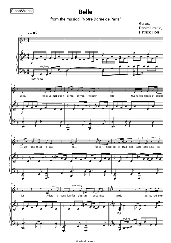 Belle (from the musical Notre-Dame de Paris) - Garou, Daniel Lavoie, Patrick Fiori Piano Sheet Music with the Voice part - Piano&Vocal