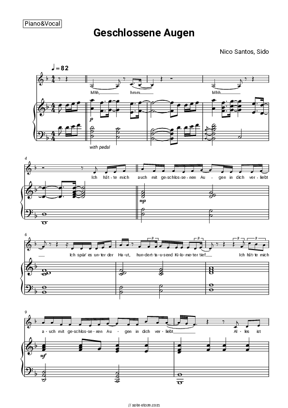 Geschlossene Augen - Nico Santos, Sido Piano Sheet Music with the Voice part - Piano&Vocal