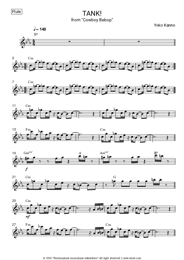 TANK! (from 'Cowboy Bebop') - The Seatbelts Flute Sheet Music - Flute