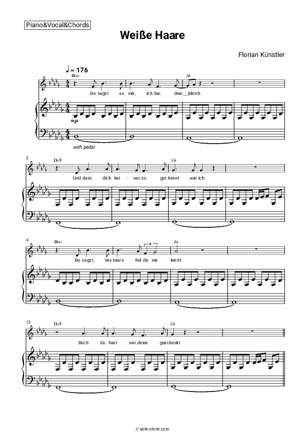 Weiße Haare - Florian Künstler Piano Sheet Music with the Vocal and Chords - Piano&Vocal&Chords