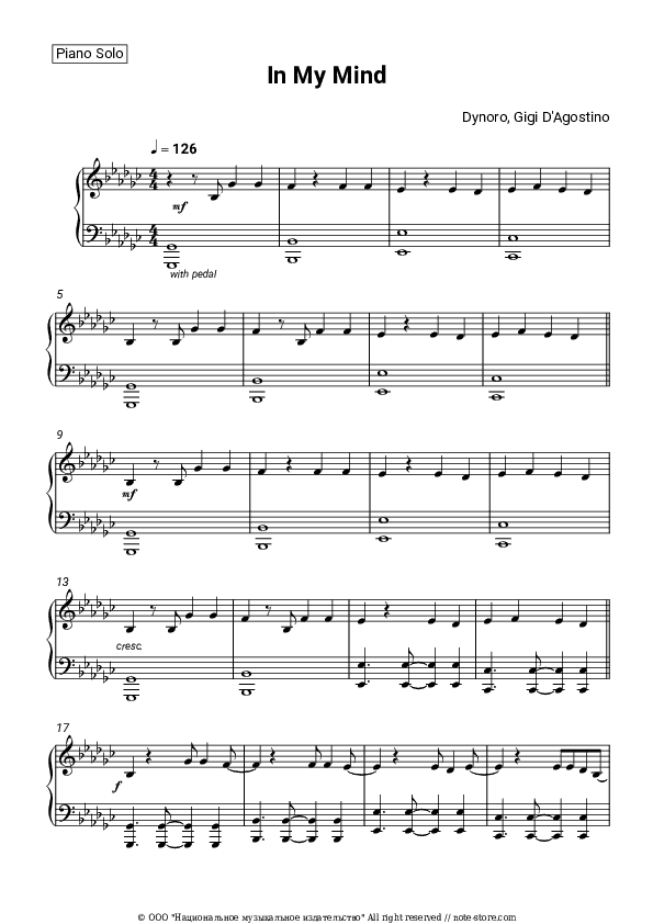 In My Mind - Dynoro, Gigi D'Agostino Piano Sheet Music - Piano.Solo